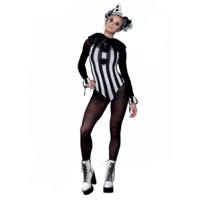 Image of Smiffys Fever Vintage Pierrot Clown Costume Leotard, Bodystocking, Collar, Wrist Cuffs &amp; Hat, Fancy Dress, Dress Up Costumes