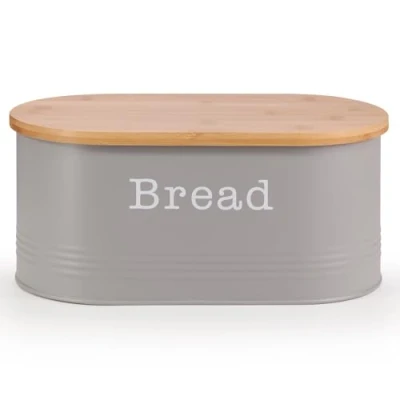 Image of EHC Space Saving Extra Large Bread Box Bin With Wooden Lid For Kitchen Storage,Round Enamel Storage Canister Crock Jar Kitchen, Grey