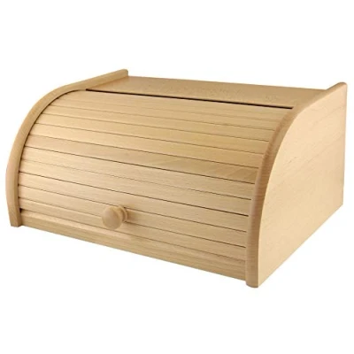 Image of apollo THE HOUSEWARES BRAND Beech Bread Bin, Roll Top Lid, Natural Wood, Extra Large Storage, Flat Shelve Top, Size: 40x19x29cm,