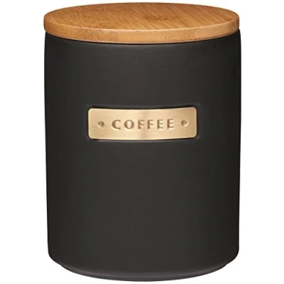 Image of MasterClass stone coffee jar, bean storage, storage jar with brass effect and airtight bamboo vacuum lid, container aroma tight, capacity, black, Ø 12 x 16