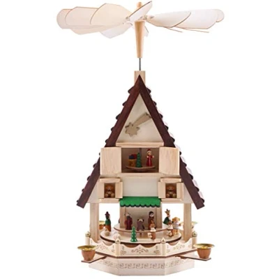 Image of BRUBAKER Christmas Pyramid Advent House 19. Inches (49 cm) Crib on 4 Floors Candle with Holders Natural Wood Hand Painted Figures