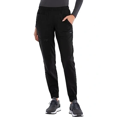 Image of CHEROKEE Women&#039;s Mid Rise Tapered Leg Jogger Scrubs Pant, Black, XL Petite