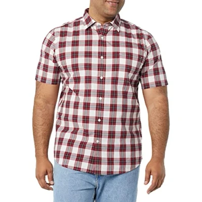 Image of Amazon Essentials Men&#039;s Slim Fit Short Sleeve Poplin Shirt, Red Checked, XL