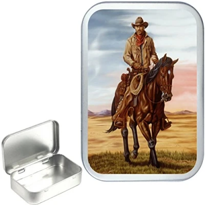 Image of COWBOY 50ml, 1oz SILVER HINGED TOBACCO TIN,PILL BOX,STORAGE TIN