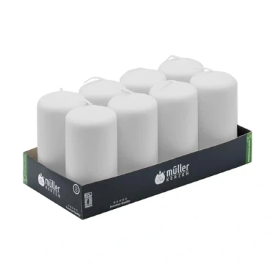 Image of Müller Unscented Pillar Candles Set of 8 White in Bulk 5,7 x 12 Cm 32 Hours Long Burning Decorative Dripless Wax Smokeless Wick RAL Quality Made Germany
