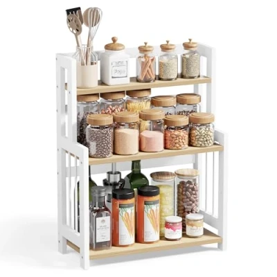 Image of SONGMICS Spice Rack, 3 Tier Countertop Storage Shelf, Desktop Organiser with Bamboo Frame, for Kitchen, Dining Room, Office, Natural Oak OFS047Y01