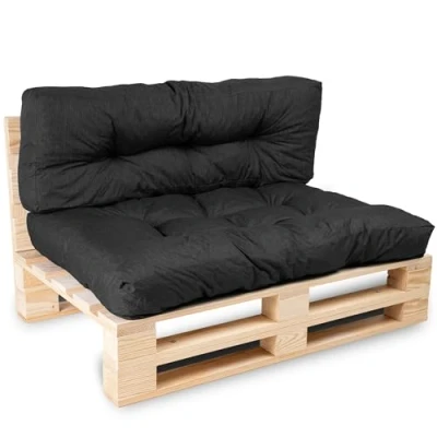 Image of bananair Pallet Cushions Outdoor Water Repellent &amp; UV Resistant Fabric Highly Comfortable Foam Padded Garden Furniture (1 Seat 120x80 cm + 1 Back 120x40 cm, Black)