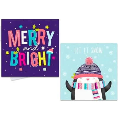Image of Fun Kids Adults Design Merry &amp; Bright and Penguin Christmas Cards Assorted Festive Theme 20 in 2 Colourful Designs Envelopes