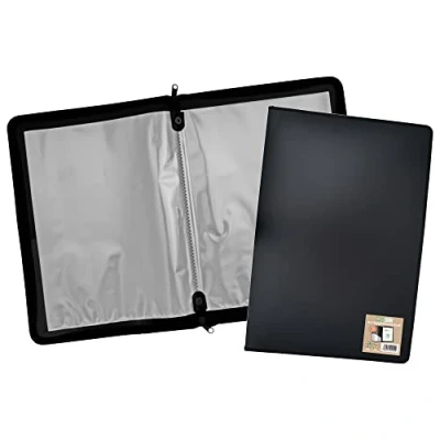 Image of eco A2 50% Recycled 30 Pocket Black Zipped Presentation Display Book, File Folder, Artwork Portfolio with Plastic Sleeves, eco092