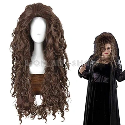 Image of HP Bellatrix Lestrange Bella Cosplay Wig Long Dark Brown Curly Wavy Halloween