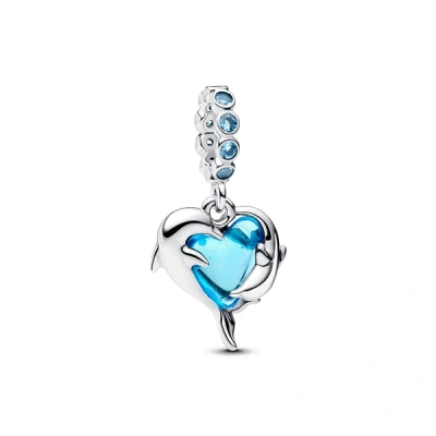 Image of Pandora Silver Blue Murano Glass Dolphins Dangle Charm