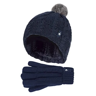 Image of HEAT HOLDERS Girls Bobble Pom Hat and Gloves Set Turn Over Cuff &amp; Cable Knit Style (7 10 Years, Navy)