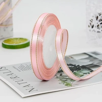 Image of Satin Ribbon with Gold Edge,Double Side 10mm x 100m, Use for Card Making,Crafts, Gift Wrapping, Wedding Decoration (Pink)