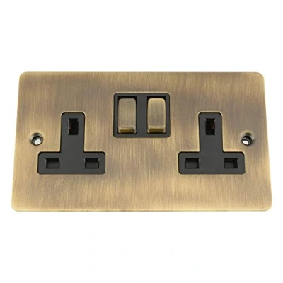 Image of Antique Brass Flat Socket 2 Gang Black Insert Metal Rocker Switch