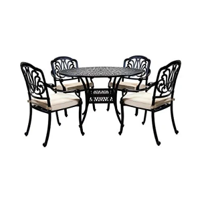 Image of CHARLES BENTLEY Cast Aluminium Bistro Round Table And 4 Chairs Set, Black, Outdoor Table, With Four Beige Cushions, Garden, Patio, Central Hole For Parasol, Weatherproof, Armchairs (120x120x90cm)