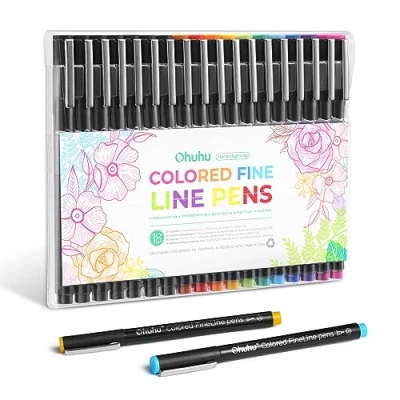 Image of Ohuhu Fineliner pens 18 Pack, 11 Colours drawing Pens(0.45mm) &amp; 6 Black FIneliners and A Brush Pen Waterproof ink for hand lettering, sketching, artistic illustration, technical