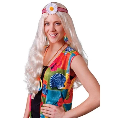Image of Bristol Novelty BW385 Hippy Lady Blonde Wig with Flower for Women, One Size