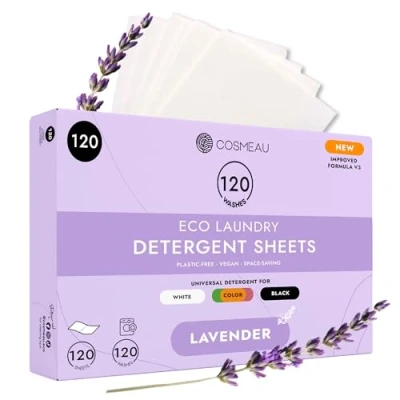 Image of Cosmeau Travel Wash Laundry Sheets Lavender up to 120 Washes (60 Sheets) Eco Detergent for Whites, Colours &amp; Blacks Biodegradable Machine Hand