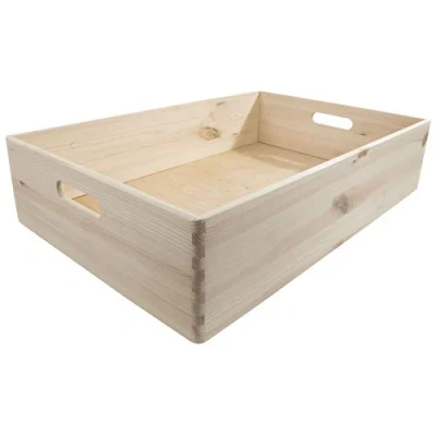 Image of Extra Large Shallow Wooden Open Storage Box with Handles 60 x 40 13.5 cm Unpainted &amp; Untreated Decorative Pine for Craft Non lidded Trunk Crate Keepsake Tool Toy Container Organiser