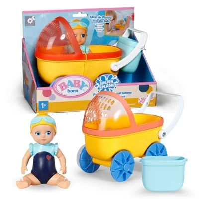 Image of BABY born Splish Splash Pram with Emma, Colourful Interactive Toddler Bath Toy Sunshade and Real Working Wheels, Wind Up Time Toy, Sensory Fun Development, 838099 Zapf Creation