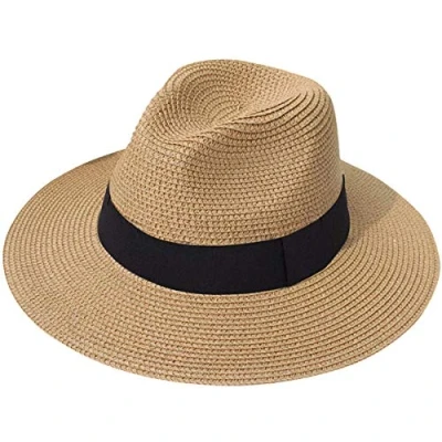 Image of DRESHOW Women Wide Brim Straw Panama Roll up Hat Fedora Beach Sun UPF 50+