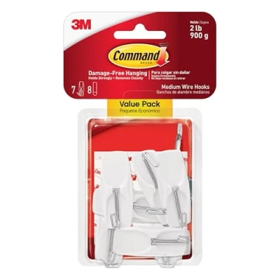 Image of Command Wire Toggle Hook, Value Pack 7 Hooks (Medium, White), 8 Adhesive Strips Removable Hanging Hook for Various Surfaces Damage Free