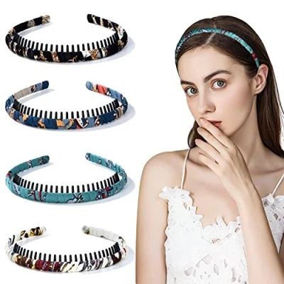 Image of Headband with Teeth, Non Slip Plastic Headbands Satin Headwear, Hair Band Accessories for Girls and Women, Pack of 4