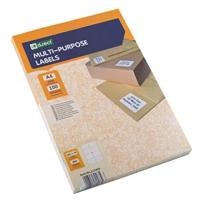 Image of D.RECT Adhesive Labels Universal (105x74mm on A4) Self Printable 100 Sheets Package 8 Sheet 800 Pieces White