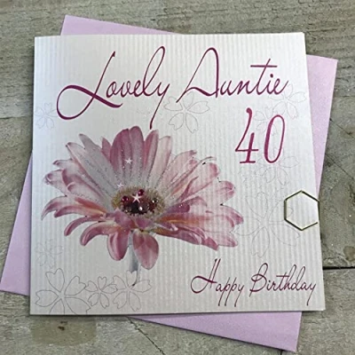 Image of white cotton cards Pink Gerbera, Lovely Auntie 40 Happy Handmade 40th Birthday Card, White, WB88