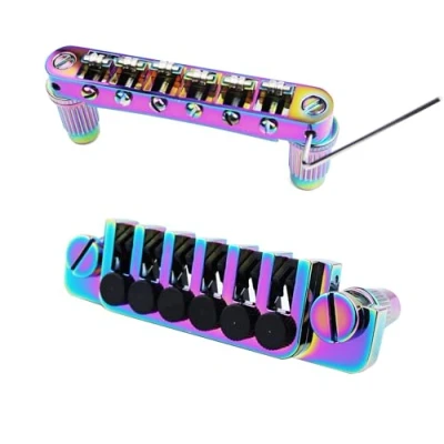 Image of Guyker LP Electric Guitar Tune O Matic Roller Saddle Bridge GM005 + Vintage TP 6 Tailpiece Stop Bar Lock Combo Replacement Compatible with Les Paul Strings (Rainbow Chameleon)