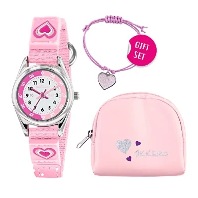 Image of Tikkers Girls Pink Canvas Rip Strap Heart Watch, Purse and Bracelet Set