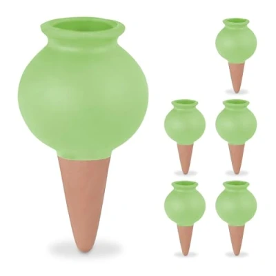 Image of Relaxdays Cones, Set of 6, Fill Up with Water, Round Design, Clay, Irrigation for Houseplants, Terracotta/Green, Ceramics, 12 x 6 cm