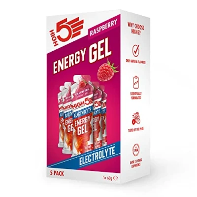 Image of HIGH5 Energy Gels with Electrolytes Quick Release Sports for Peak Performance Natural Fruit Juice &amp; Caffeine Free Boost Running, Cycling, Endurance (Raspberry, 5 x 60g)
