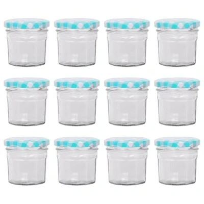 Image of Argon Tableware 12x 90ml Glass Jam Jars with Blue Gingham Lids Empty Screw Top Kitchen Food Honey Spice Preserving Canning Storage Jar Set