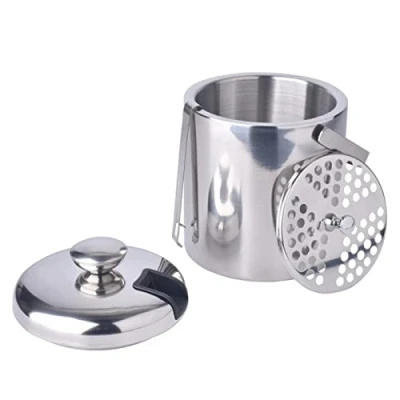Image of Eidoct Stainless Steel Ice Bucket, Double Layer Thermal Insulation Bucket with Lid,Strainer and Tong, Perfect for Home Bar, Restaurant, BBQ, Parties, Clubs (1.3L)