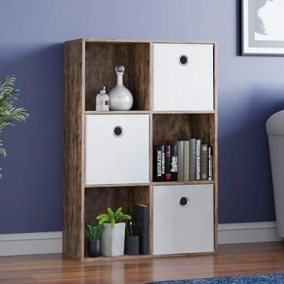 Image of Vida Designs Durham Cube Bookcase Storage Organiser Living Room Bookshelf Home Office Furniture (6 &amp; 3 White Baskets, Dark Wood)