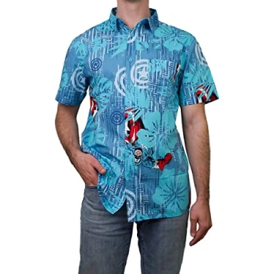 Image of Marvel Men&#039;s Button Down Shirt, Blue/Aqua Cap Island, S