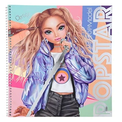 Image of Depesche 11878 TOPModel Popstars Colouring Book with 60 Pages for Designing Trendy Outfits Pop Singers, Spiral Pre Printed Models, 2 Sticker Sheets, Stencils and 8 Fabric Patterns