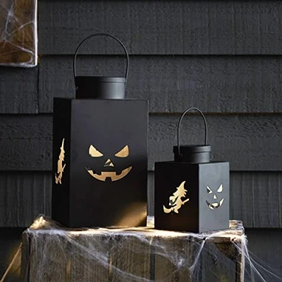 Image of Lights4fun Set of 2 Black Metal Halloween Candle Lanterns LED Battery Operated for Indoor Outdoor Use