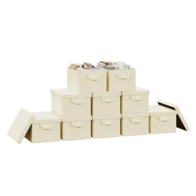 Image of WOLTU Storage Boxes Set of 10, Baskets, Cubes with Handles and Lid, Fabric Folding Baskets for Shelves in Bedroom, Study, Children&#039;s Room, Metal Frame, Cream, 38x20x27 cm