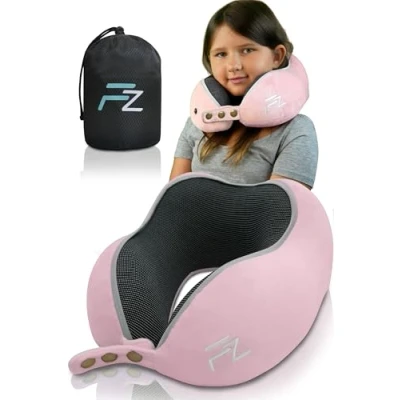 Image of FLOWZOOM COMFY Kids Travel Pillow Neck Pillows for Memory Foam Airplane Car Seat Head Support Essentials Pink