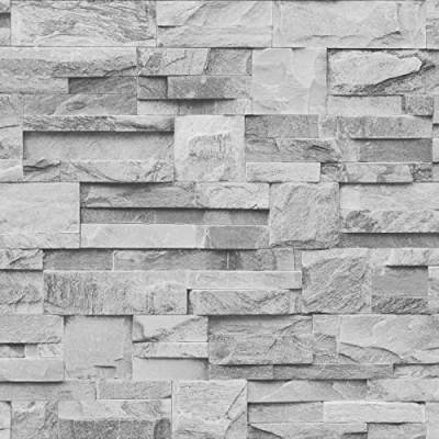 Image of Muriva Grey Realistic Stone Brick Wall Effect Textured Vinyl Wallpaper Tiles Suitable for Kitchen, Bedroom, Living Room, Hallway, Any Feature