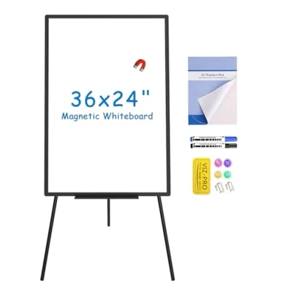 Image of VIZ PRO Magnetic Whiteboard Easel Black, 90 x 60 cm, Portable Dry Erase Board Height Adjustable for School Office and Home