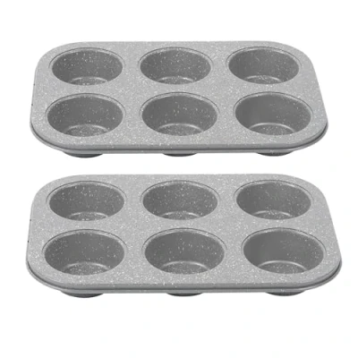 Image of Salter® COMBO 5357 Marble Collection Carbon Steel Non Stick 6 Cup Muffin Tray, Set of 2, Grey
