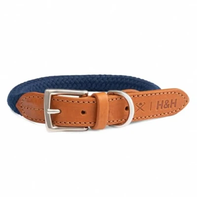 Image of HUGO &amp; HUDSON x HACKETT Rope Dog Collar with Cognac Leather Adjustable Metal Buckle, Navy L