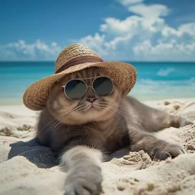 Image of Funny General Male/Female Birthday/Blank Photographic Card Humorous Cat on Beach Design Eco Friendly &amp; Recyclable