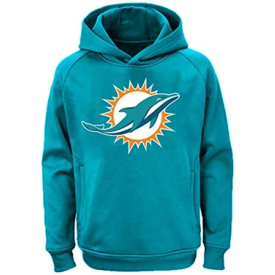 Image of Outerstuff NFL Youth Team Color Performance Primary Logo Pullover Sweatshirt Hoodie (Small 8, Miami Dolphins Aqua)