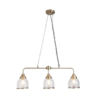 Image of LITECRAFT Ingrid Ceiling Pendant Bar 3 Light with Clear Glass Shades Antique Brass