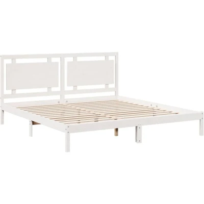 Image of vidaXL Extra Long Bed Frame 180x220 cm, White Solid Pine Wood with Headboard, Modern Style Bedstead