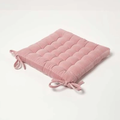 Image of HOMESCAPES Blush Pink Velvet Seat Pad for Dining Chair 40 x cm Super Soft 100% Cotton Quilted with Straps Indoor &amp; Outdoor Garden Use Lasting Comfort Support